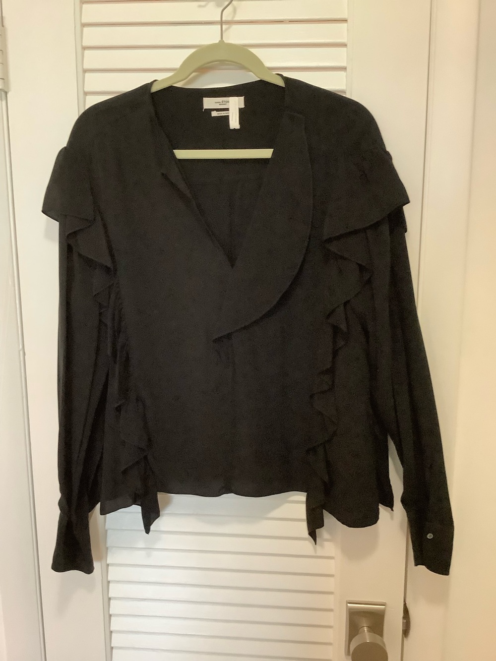 Isabel Marant Etoile Ruffle V-Neck Long Sleeve silk blouse- Black